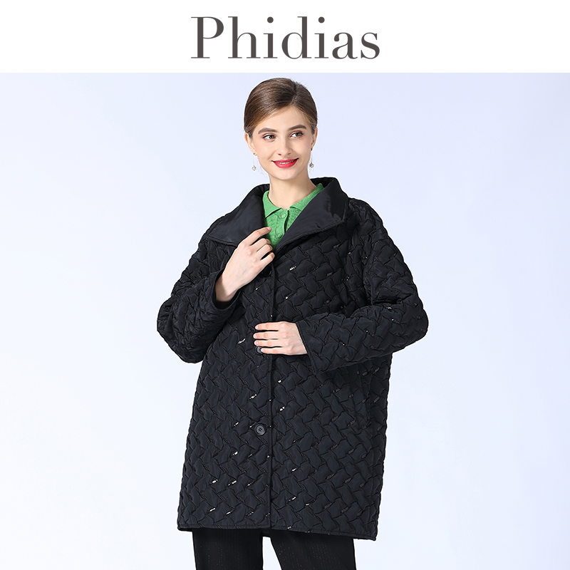 Phidias黑色棉服女冬季2023年新款大码女装宽松休闲绣花棉衣外套