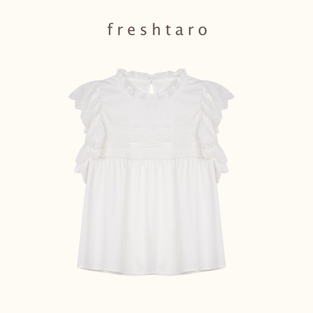 freshtaro  蕾丝拼接小飞袖少女感花边领衬衫女夏款白色百搭上衣