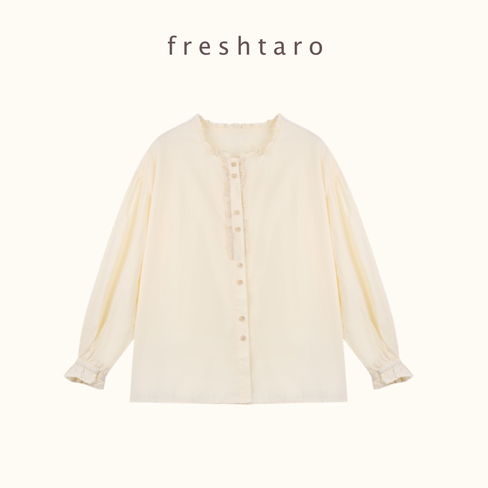 freshtaro 奶油/米白 森系蕾丝拼接花边长袖衬衫女春夏季新款上衣