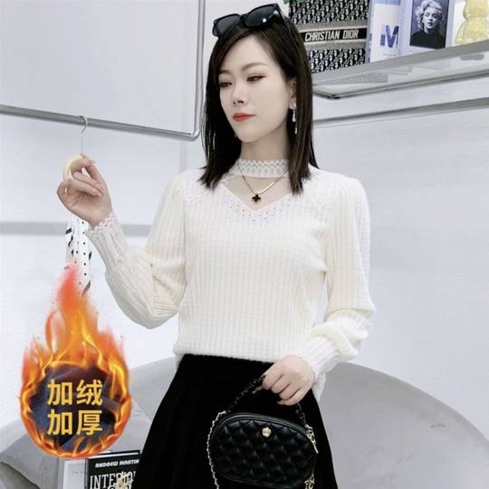 加绒烫钻植绒蕾丝打底衫女时髦洋气内搭甜美小衫秋冬法式保暖上衣