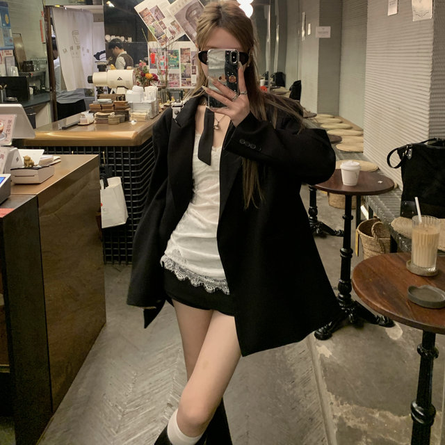 Korean style black suit, high-end and elegant loose jacket