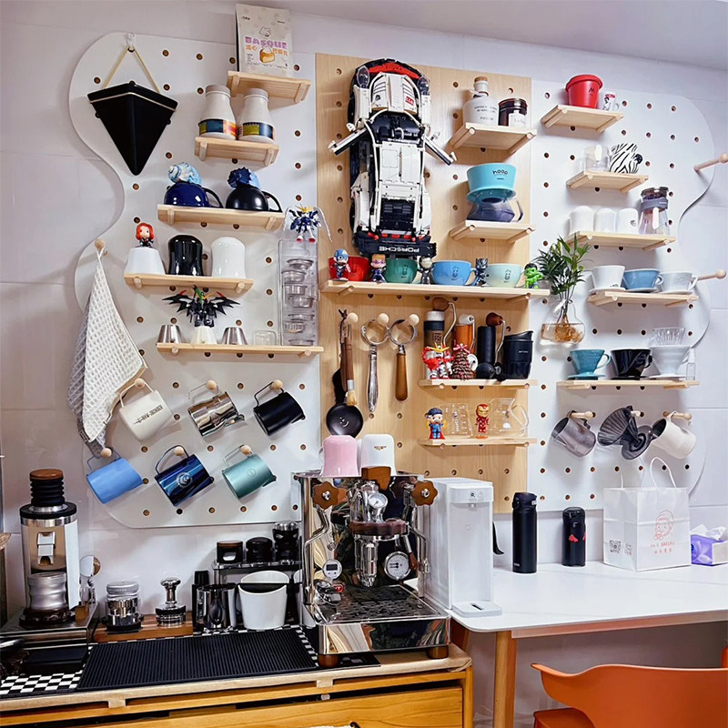 Solid wood hole board coffee tool storage wall rack Internet celebrity accessories display rack creative simple coffee corner