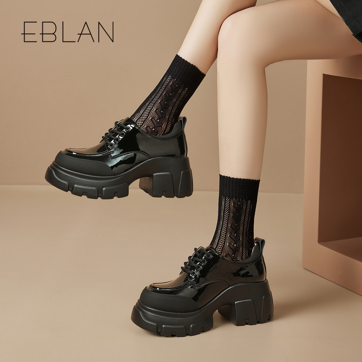 EBLAN/伊伴乐福鞋女2025秋季新款英伦风厚底增高小皮鞋粗跟单鞋子,淘宝优惠券,粉丝福利购,淘宝优惠卷