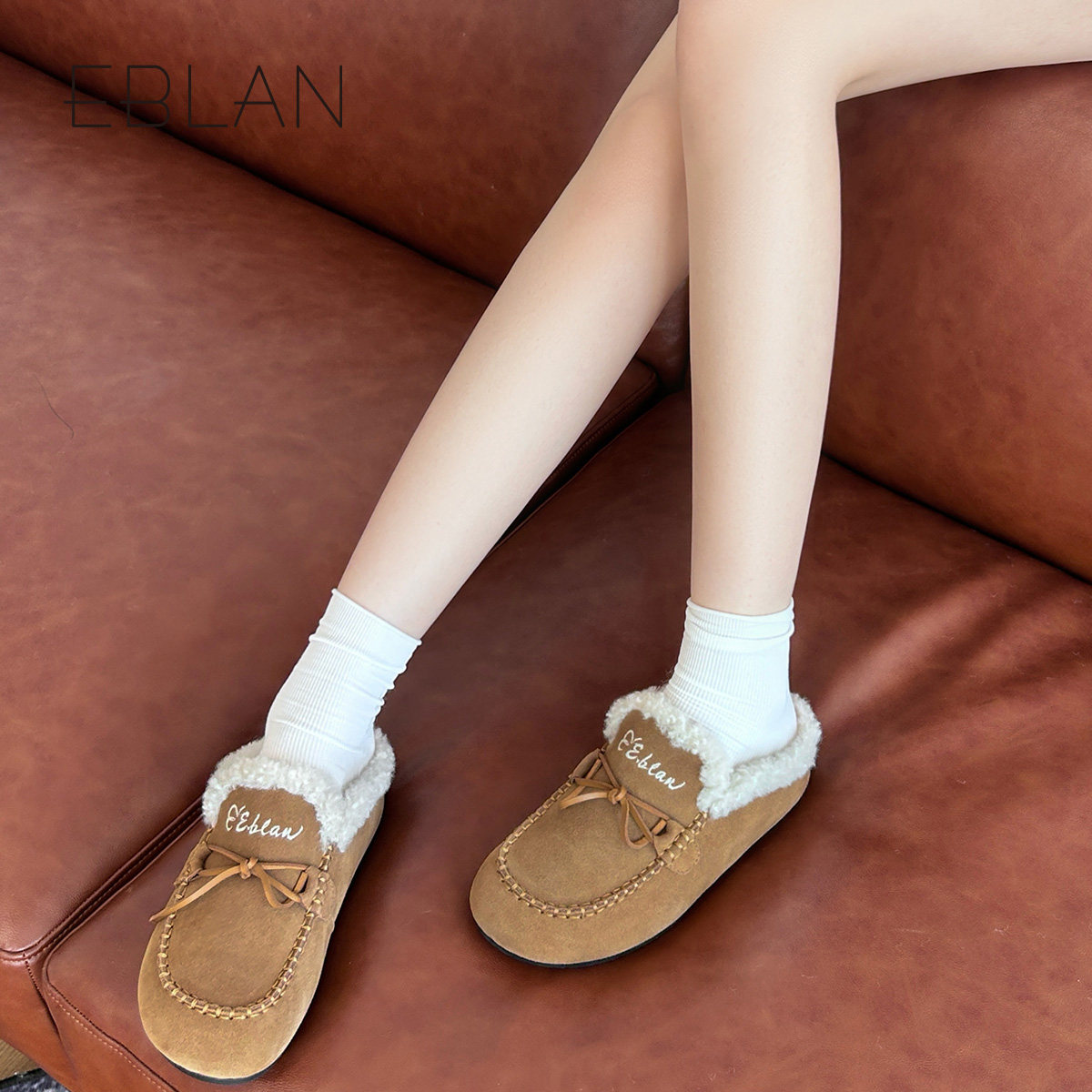 EBLAN/伊伴包头勃肯半拖鞋女外穿2025秋冬新款加绒懒人袋鼠毛毛鞋,淘宝优惠券,粉丝福利购,淘宝优惠卷