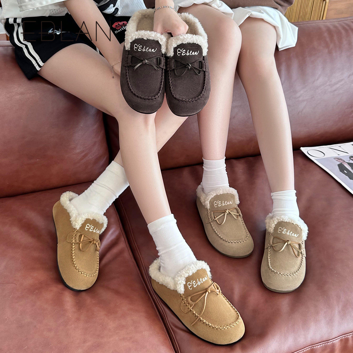 EBLAN/伊伴包头勃肯半拖鞋女外穿2025秋冬新款加绒懒人袋鼠毛毛鞋,淘宝优惠券,粉丝福利购,淘宝优惠卷