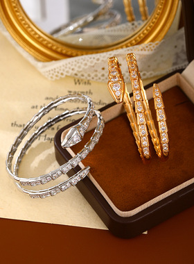 轻奢蛇骨灵蛇手镯明星同款满钻蛇头双层蛇形小众手环女复古气质潮