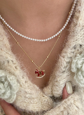 本命年木马吊坠珍珠项链女双层叠戴设计感精致时尚锁骨链小众颈链