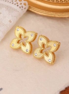 欧美重工拉丝镂空幸运四叶草项链