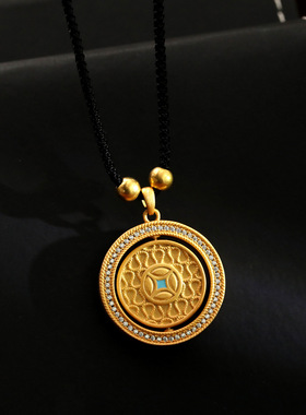 新中式长款古法沙金马年钱币项链轻奢气质雕花吊坠百搭复古毛衣链