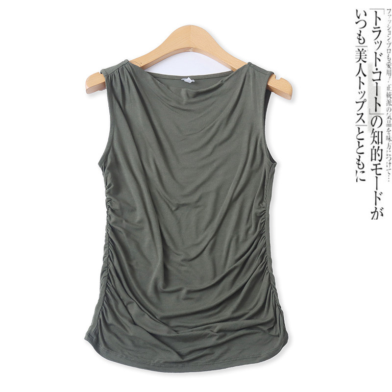 褶皱无袖T恤春夏季新款外贸女装百搭修身弹力莫代尔套头上衣17501