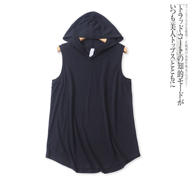 Hooded sleeveless T-shirt spring and summer new foreign trade women's clothing versatile casual solid color pullover loose large size top 17791