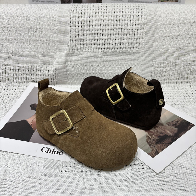 韩版2025冬季新款真皮反绒高帮勃肯鞋女乐福鞋平底一脚蹬加绒棉鞋,淘宝优惠券,粉丝福利购,淘宝优惠卷