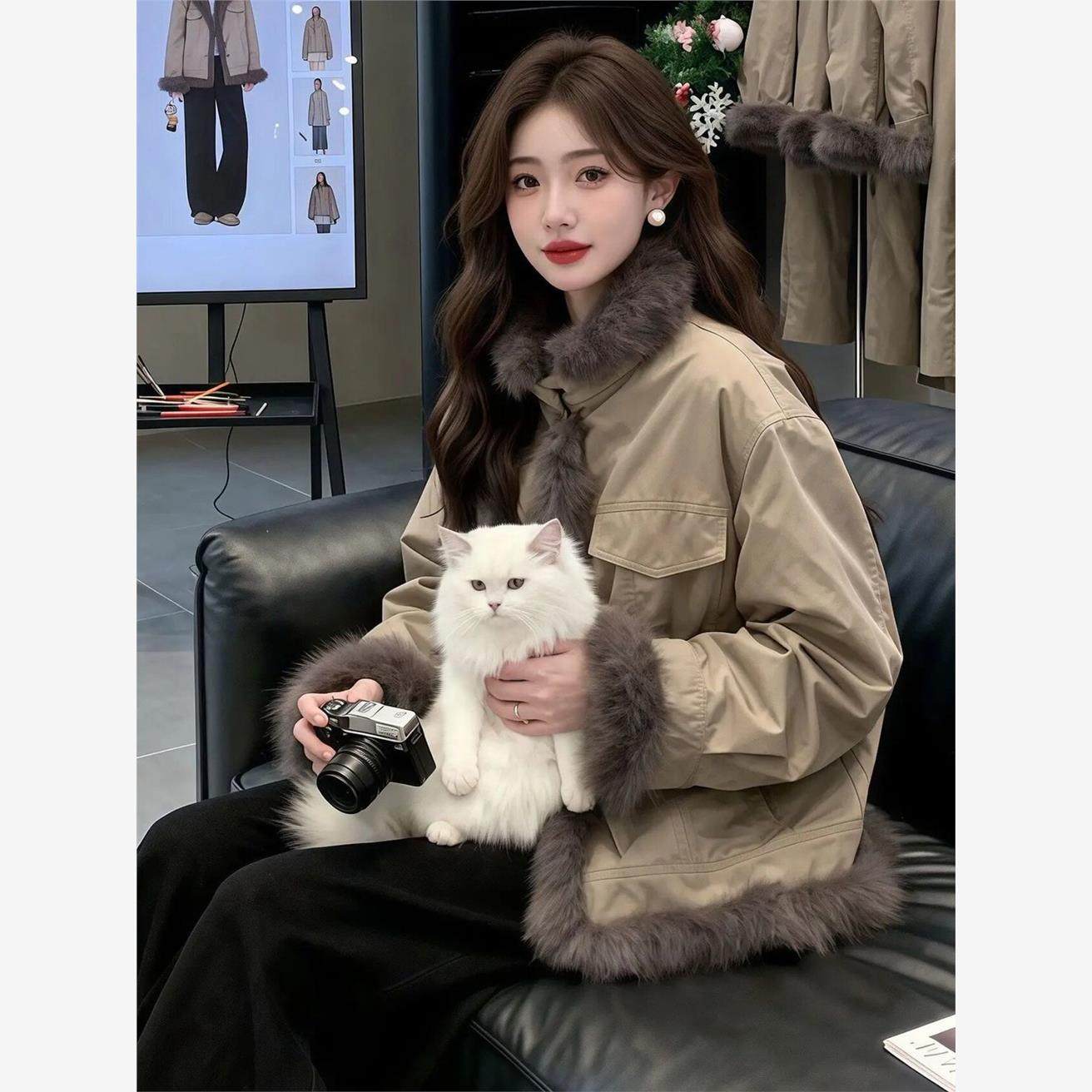 休闲工装风双面穿毛领派克服外套女冬季保暖时尚洋气高级棉服外套,淘宝优惠券,粉丝福利购,淘宝优惠卷