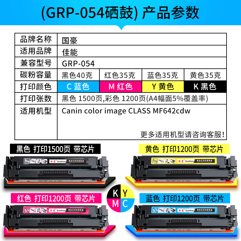 国豪适用佳能CRG-054硒鼓LBP621Cw 623Cdn 623Cdw易加粉MF641Cw 642Cw 642Cdw MF643Cdw 645Cx彩色打印机墨盒 - 图1