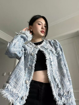 Xiaoxiangfeng duffle denim jacket ສໍາລັບແມ່ຍິງໃນດູໃບໄມ້ລົ່ນອອກການອອກແບບ niche versatile jacket ແຂນຍາວ cardigan ເທິງ