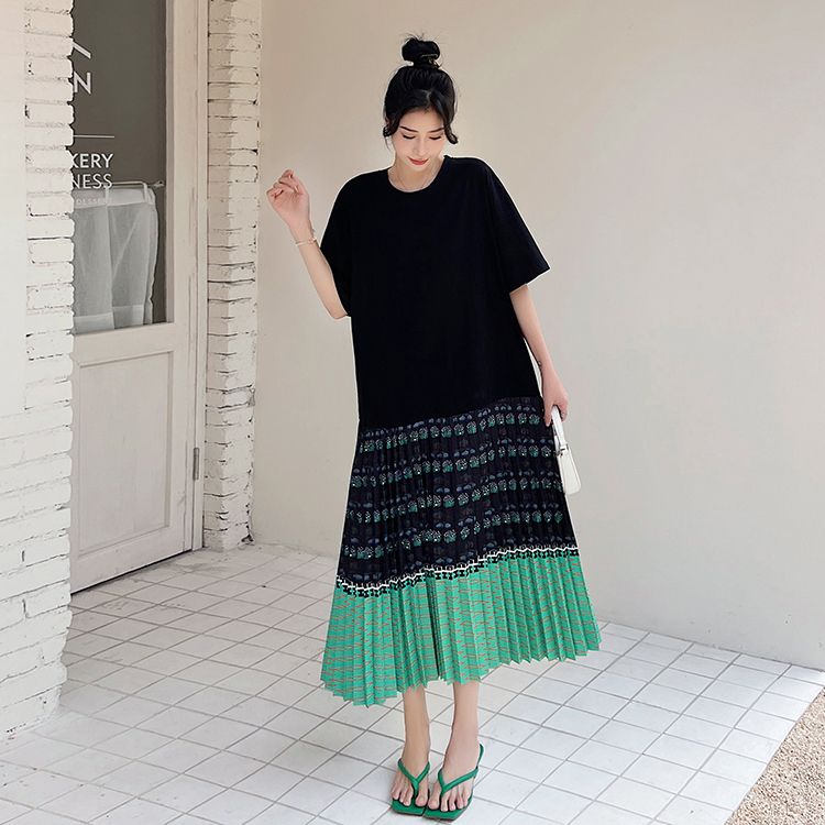 夏季新款大码女装200斤胖妹妹宽松显瘦拼接裙摆假两件短袖连衣裙 - 图2