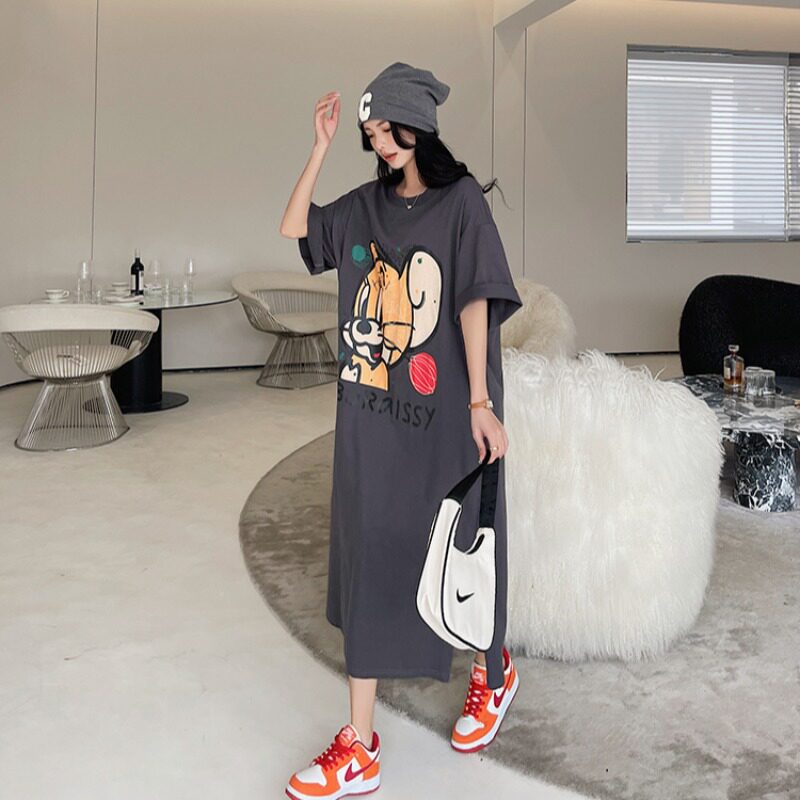 卡通印花短袖T恤长裙女2025夏季新款胖mm大码宽松显瘦圆领连衣裙,淘宝优惠券,粉丝福利购,淘宝优惠卷