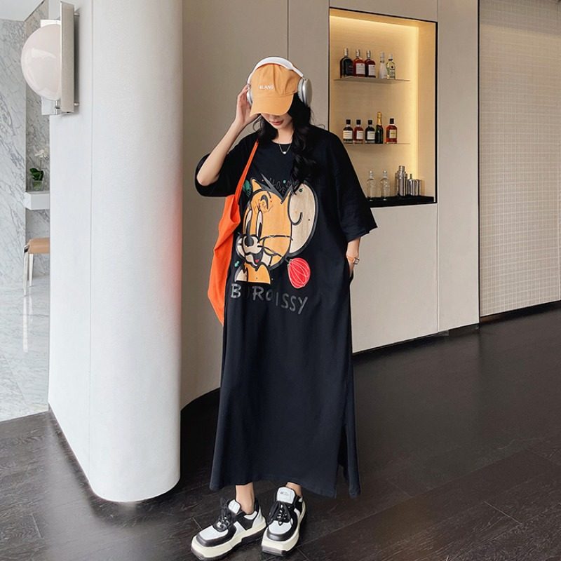卡通印花短袖T恤长裙女2025夏季新款胖mm大码宽松显瘦圆领连衣裙,淘宝优惠券,粉丝福利购,淘宝优惠卷