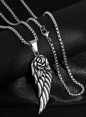 潮流男女情侣同款嘻哈羽毛吊坠欧美复古玫瑰天使翅膀项链钛钢铸造