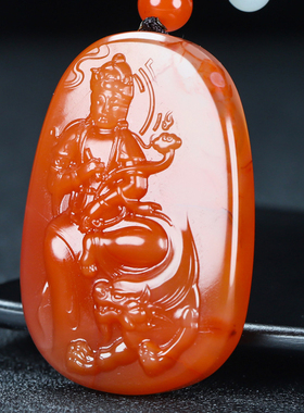 天然四川凉山南红玛瑙文殊菩萨吊坠生肖兔守护神挂件男女款83号