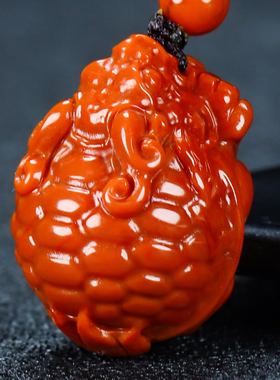 天然凉山南红玛瑙柿子红龙龟富贵长寿吊坠原石雕刻挂件男女款376