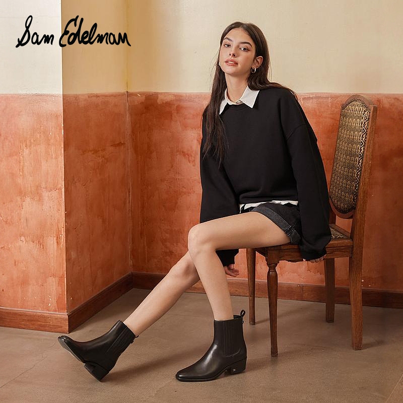SAM EDELMAN秋季款时尚黑色粗跟瘦瘦靴一脚蹬短靴女靴BRONSON