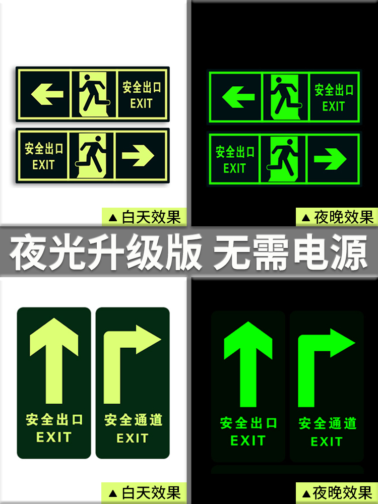 安全出口指示牌夜光地贴墙贴纸老款标识牌消防疏散紧急应急安全通道标示牌箭头引导提示安全楼梯小心台阶地滑-图1