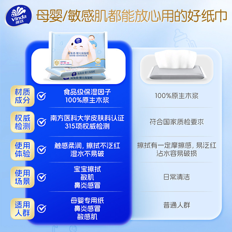 维达兔兔柔婴儿柔纸巾乳霜纸云柔巾宝宝抽纸擦鼻子敏感肌保湿纸巾