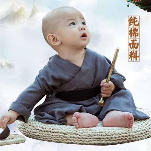 儿童小和尚服小沙弥少林寺武僧袍摄影服汉服锄禾悯农民农夫表演服 - 图0
