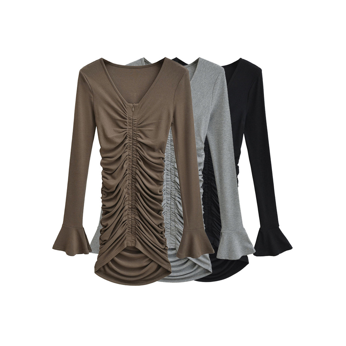 纯欲v领性感两面穿修身抽褶遮肉连衣裙女喇叭袖弹力包臀裙子短裙,淘宝优惠券,粉丝福利购,淘宝优惠卷