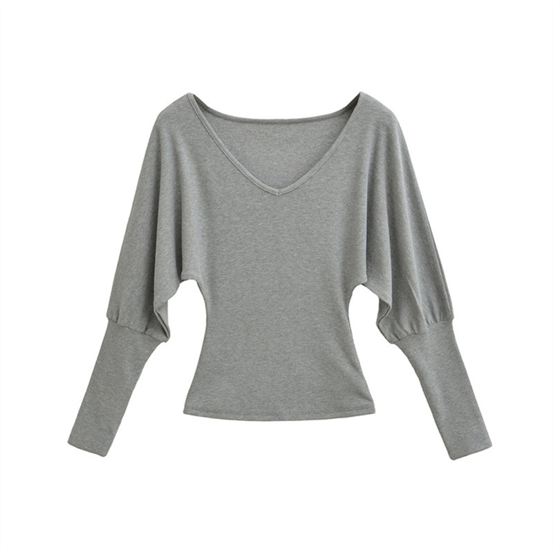 白色蝙蝠袖v领针织衫女秋冬加绒性感收腰内搭打底衫气质修身上衣 - 图3