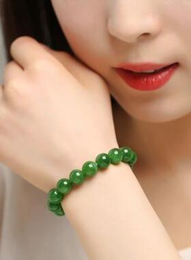 新疆天然和田碧玉手串老坑菠菜绿男女款碧玉手链带证书