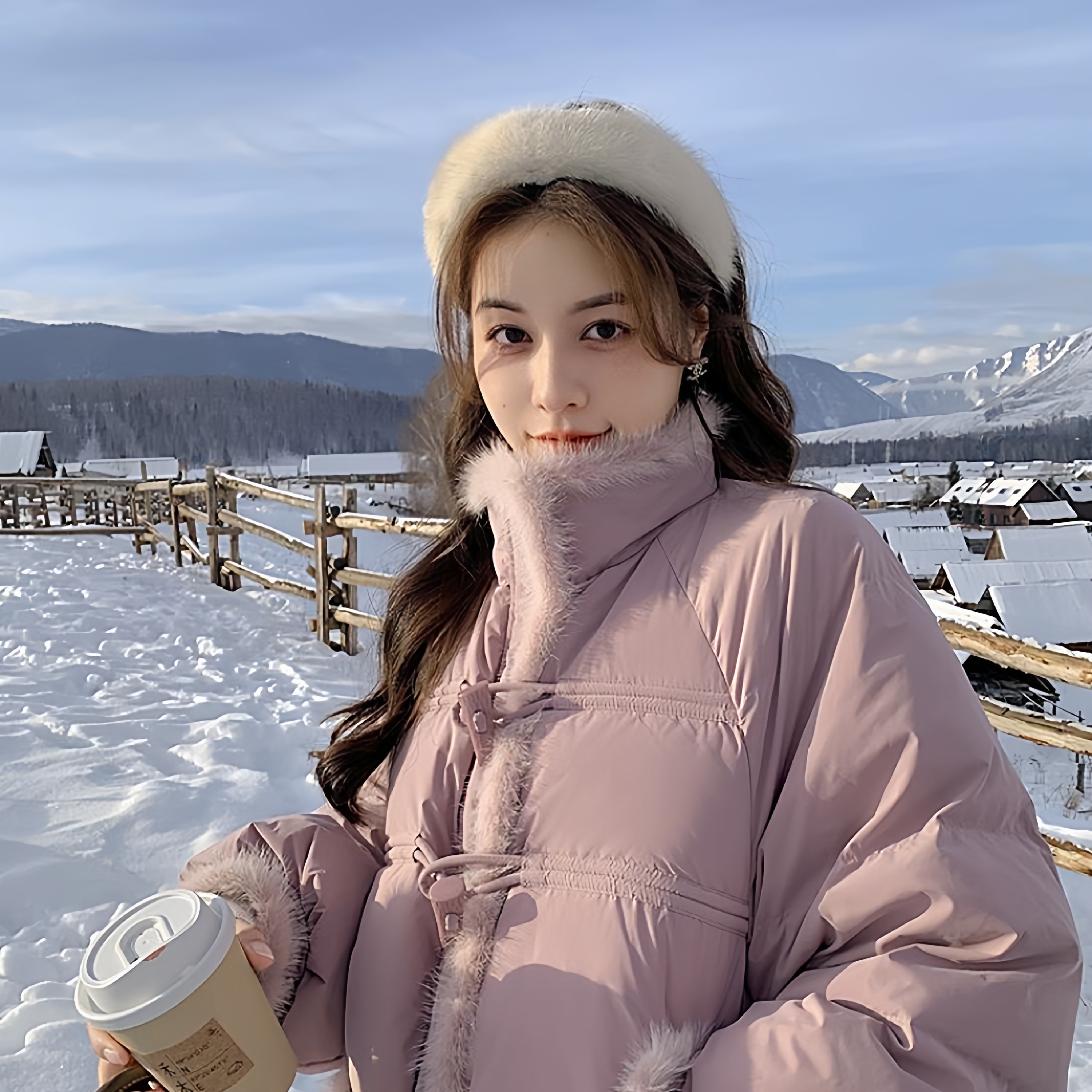 花栗鼠小姐 芬兰下雪天3.0粉紫色牛角扣拼接仿貂毛领小个子羽绒服 - 图2