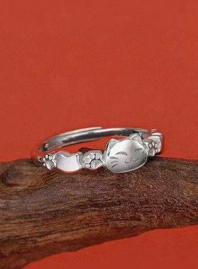 990纯银招财猫戒指女款纯银新中式小众可爱活口指环