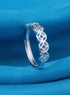 990纯银招财铜钱戒指开口女时尚创意转运戒闭口食指无名指环