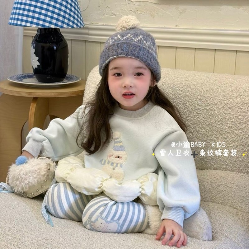 儿童加绒套装2025秋冬新款女童加绒雪人卫衣条纹打底裤可爱两件套,淘宝优惠券,粉丝福利购,淘宝优惠卷