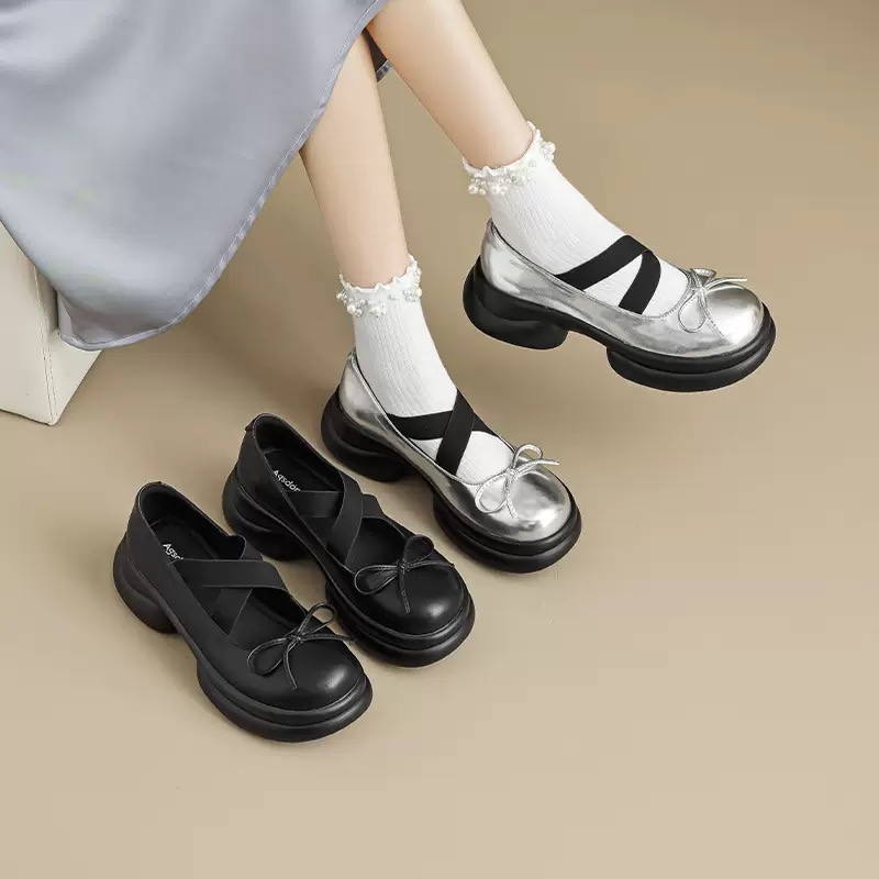 赵露思同款法式绑带单鞋增高芭蕾玛丽珍鞋黑色厚底蝴蝶结小皮鞋女 - 图1
