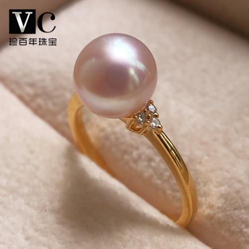 V＆C18K日本AKOYA天女海水珍珠戒指正圆无暇简约大牌款厚实镶嵌 - 图0