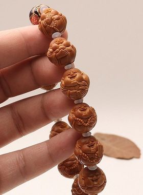 铁核橄榄核雕刻小弥勒佛手串