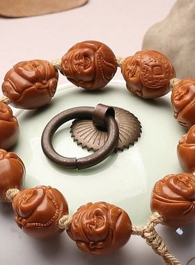 小籽铁核橄榄核雕刻百态十全十美财八大神爷文玩手串短圆成品单圈