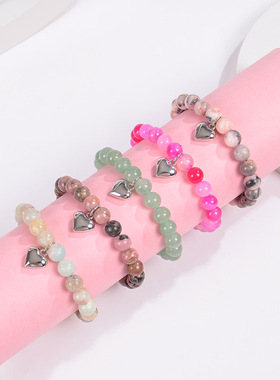 欧美热卖天然石串珠水晶卡片手链粉斑马石贺卡手链女儿母亲节礼物