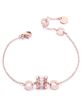 钛钢欧美罗马文字手链女新年红锆石玫瑰金绿色手环情侣手饰品