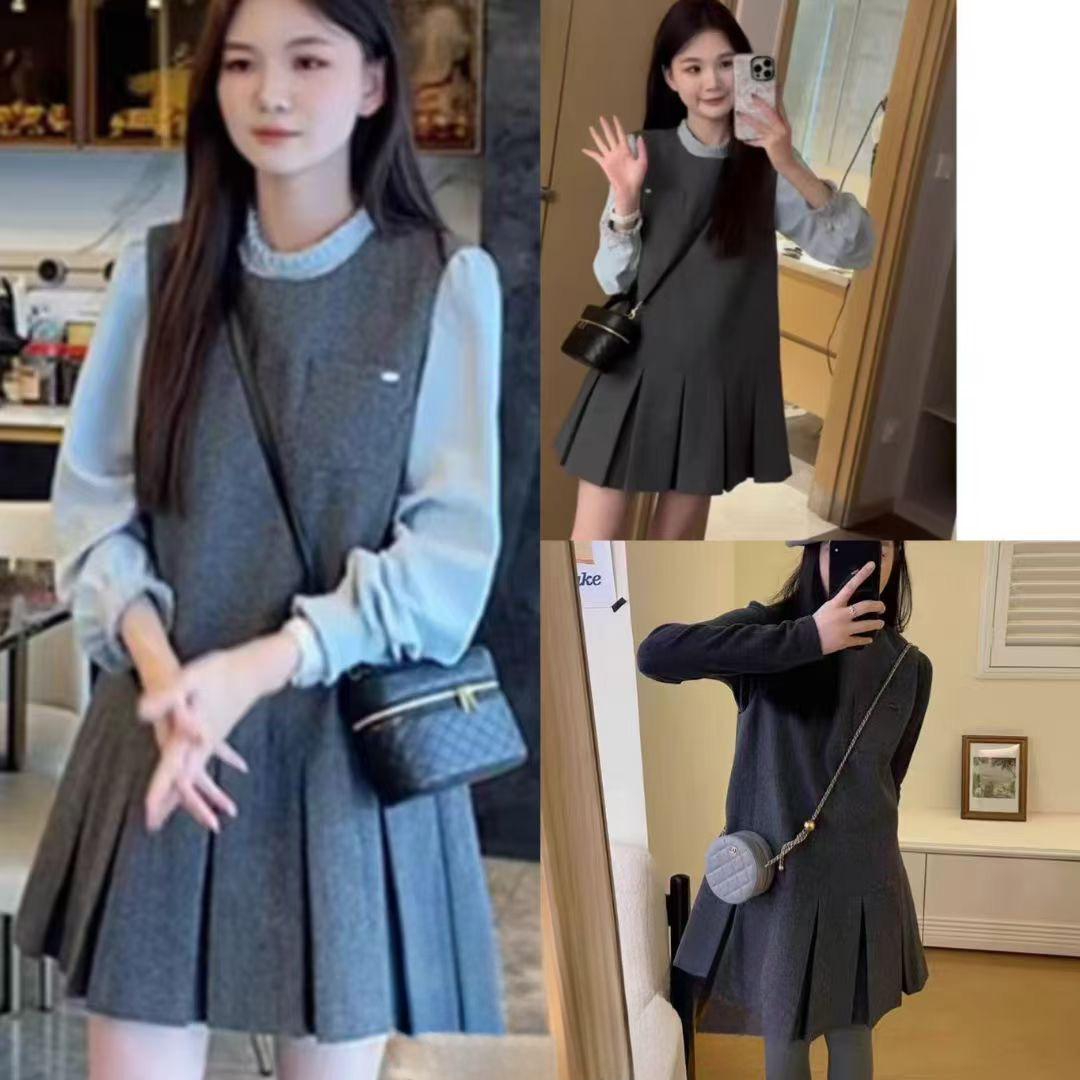 2025秋时尚两件套温柔风长袖衬衫+设计感百褶背心连衣裙两件套 - 图1