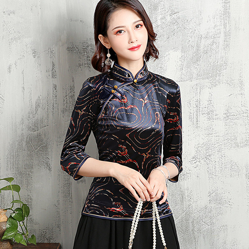 金丝绒旗袍上衣中国风短款唐装汉服 益佳红上衣