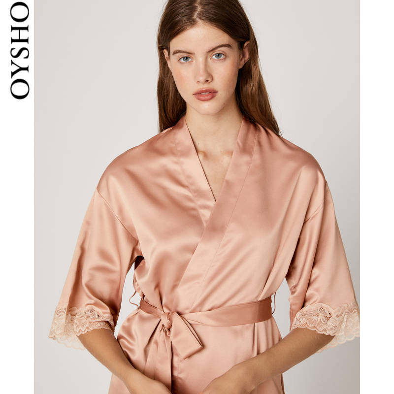 oysho花边缎面短袖睡袍新娘晨袍 oysho睡袍/浴袍