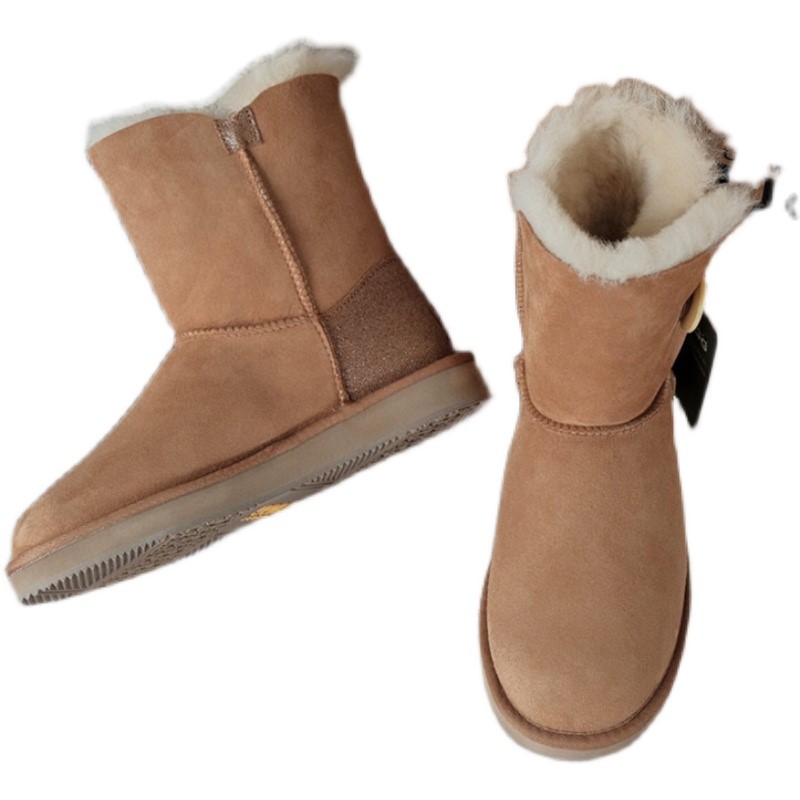 澳洲羊皮毛一体雪地靴女中筒加绒加厚底防滑防水保暖棉鞋东北冬季