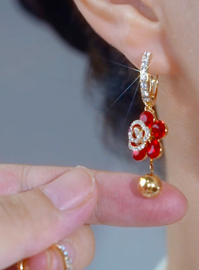 红色玫瑰花耳环女2024新款耳饰品