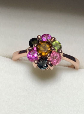 天然彩碧玺指环充填玫瑰金