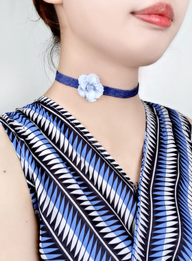 蓝色花朵choker牛仔丝绒织带限量款可定制尺寸茜娘子原创设计