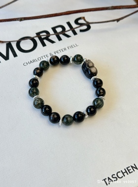 原创天然银曜石手链女款金运石绿发晶手串简约招财送人新中式礼物